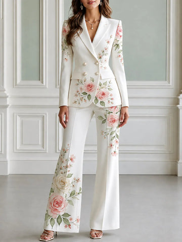 Floral Print Double Breasted Blazer & Flared Pants Suit