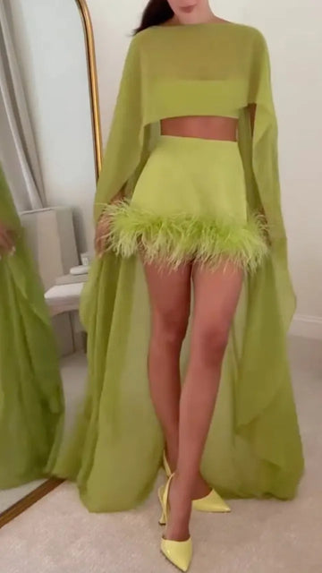 Women's Chic Two-Piece Set: Asymmetrical Chiffon Top & Feather Skirt