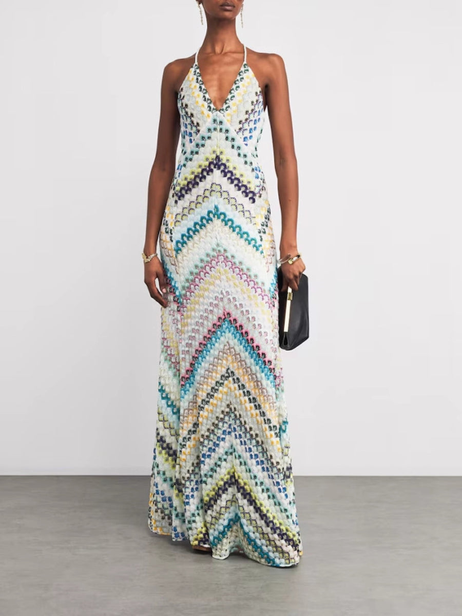 Herringbone Crocheted Print Spaghetti Strap V-neck Camisole Maxi Dress