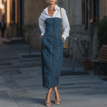Urban Fashion Blue Strapless Denim Splicing Shirt Dress