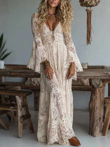 Lace Deep V-Neck Maxi Dress