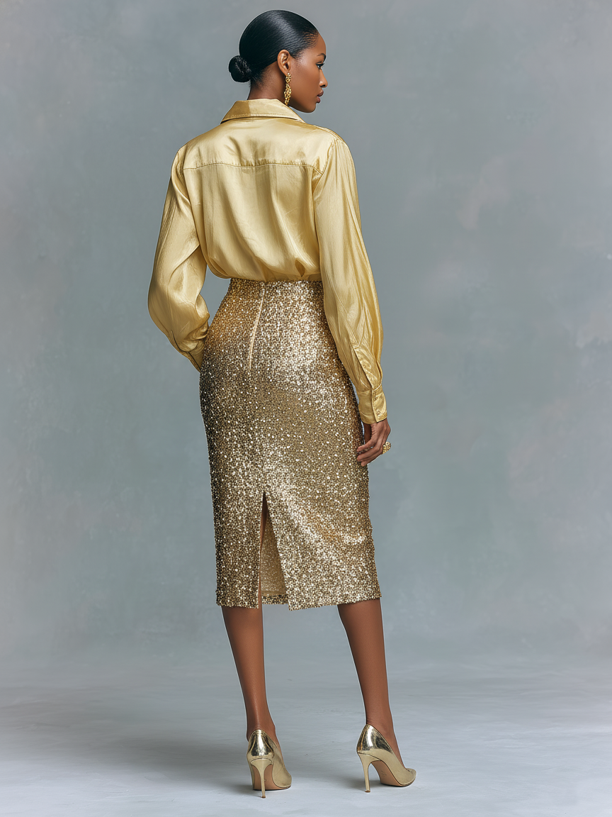 Women's Long-sleeved Shirt And Sequined Pencil Skirt Set MDA2431K6Y