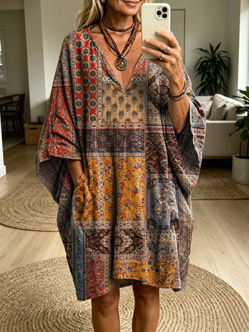 Women's Bohemian Retro Floral Art Print Casual Fashion Batwing Sleeve Dress