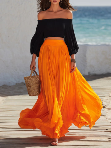 Women's Off-Shoulder Crop Top and Pleated Maxi Skirt Set