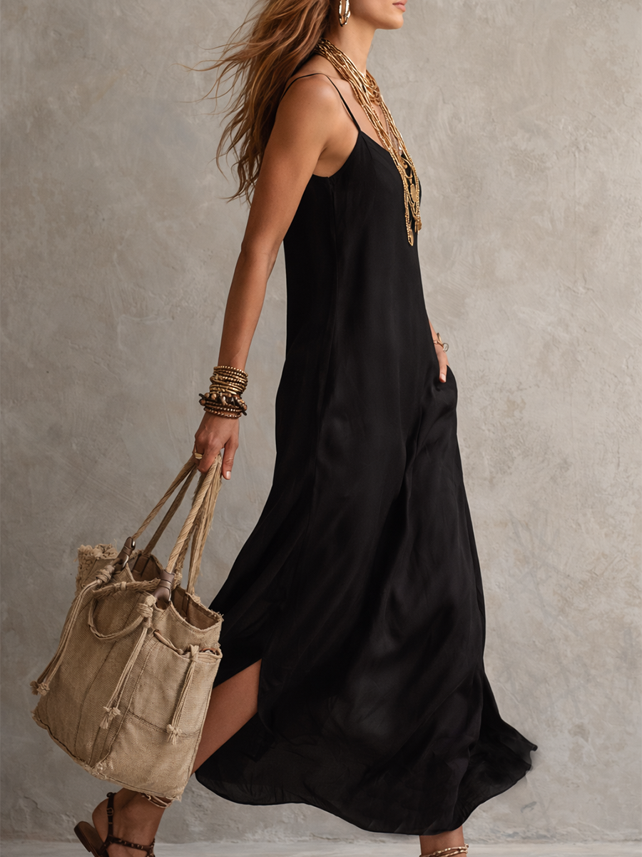 Midnight Muse Flowing Black Slip Dress