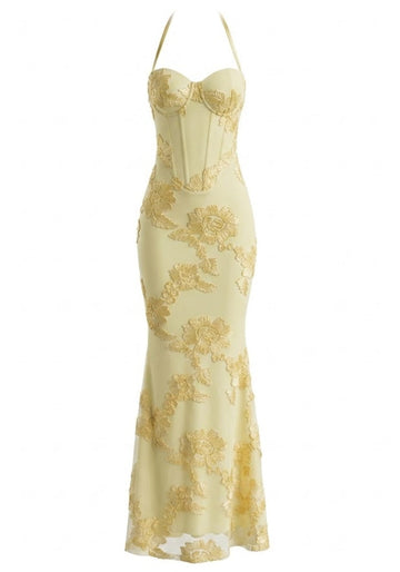Halter Floral Strappy Backless Maxi Dress Yellow