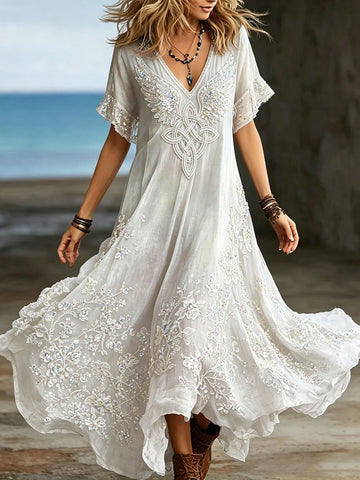 Women's Vintage Romantic White Floral And Wings Art Linen Blend V Neck Maxi Dress