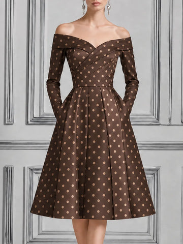 Brown Polka Dot Dress Fall Wedding Guest Dress Off Shoulder A-Line Midi Dress