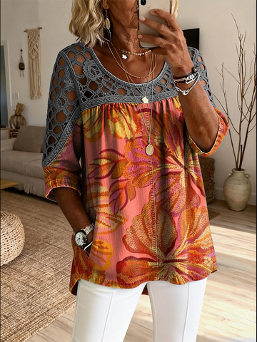 Women's Retro Floral Art Print Casual Three-quarter Sleeve Round Neck Hollow-out Top