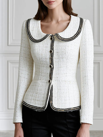 Contrast-Trim Peter Pan Collar Tweed Jacket