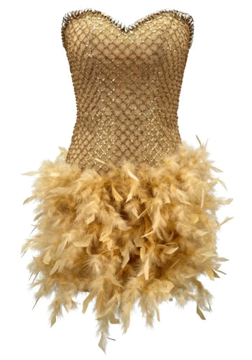 Crystal Strapless Feather Dress Gold