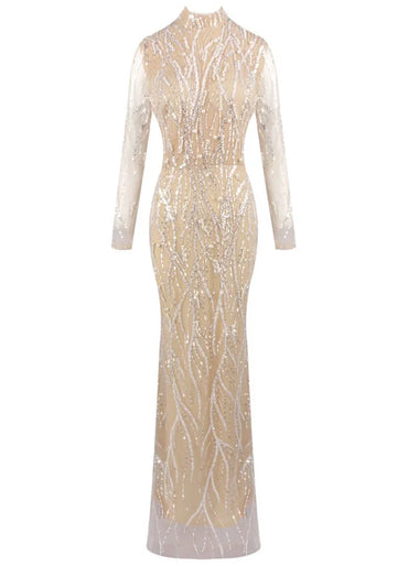 Long Sleeve Sequin Pearl Maxi Dress Nude