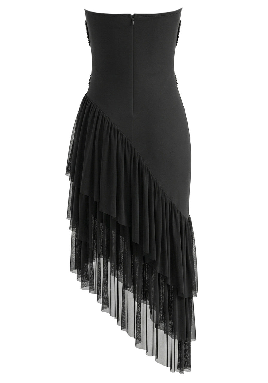 Strapless Crystal Ruffle Asymmetric Maxi Dress Black