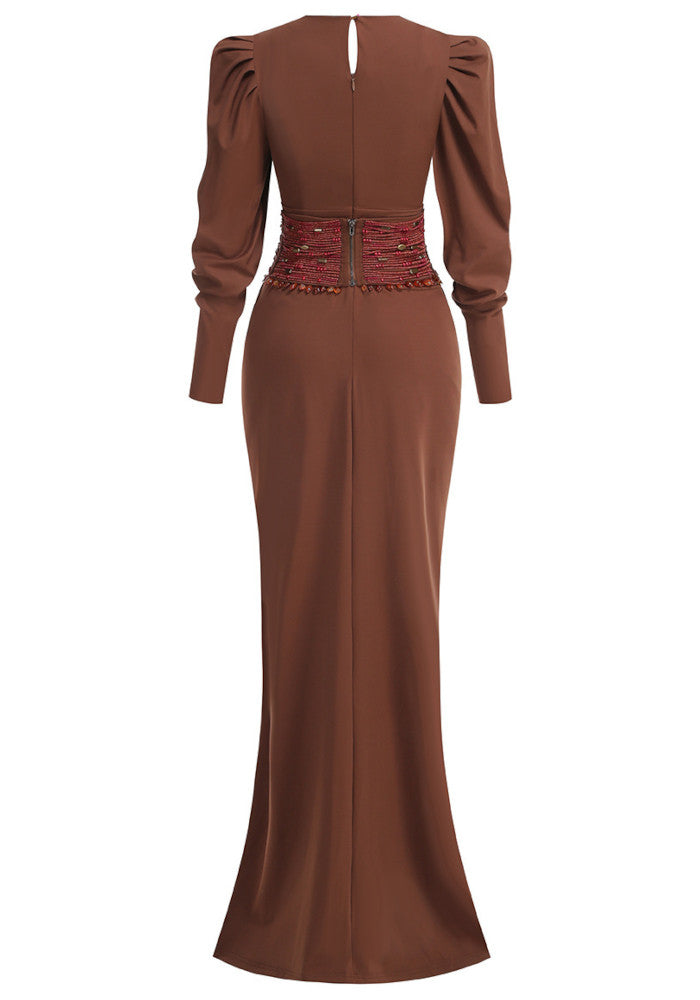 Long Sleeve Beaded Waist Maxi Dress Brown