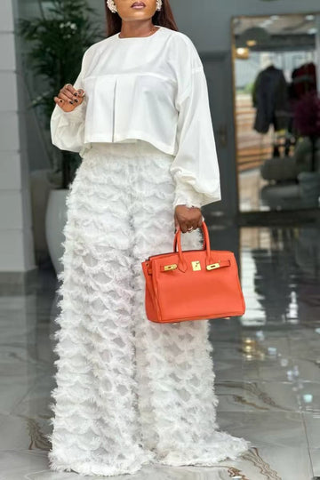 White Lantern Sleeve Top & Feather Tassel Wide-Leg Pants Set