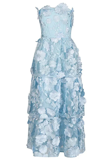 Strapless Floral Ruffle Maxi Dress Light Blue
