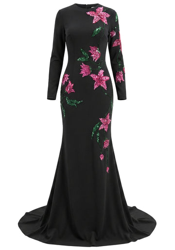 Long Sleeve Embellished Floral Maxi Dress Black