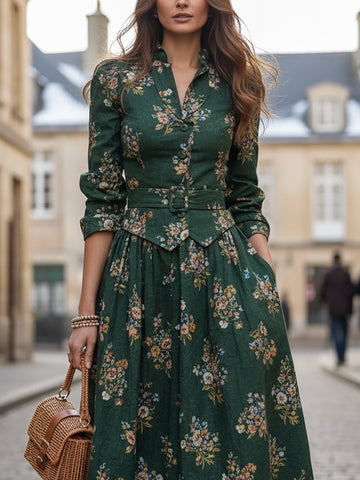 Linen Shirt, Long Sleeves, Shawl Collar, Floral, Button Design, Vintage, Green
