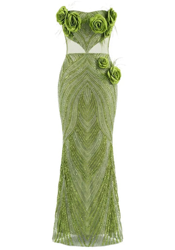 Strapless Floral Feather Sequin Maxi Dress Green