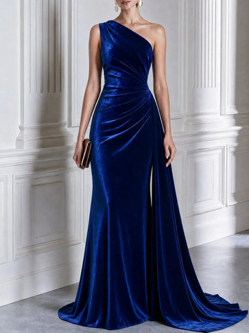 One-Shoulder Velvet Draped Mermaid Evening Gown