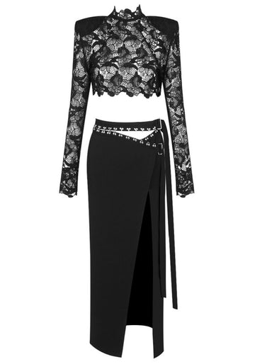 Long Sleeve Lace Midi Two Piece Dress Black