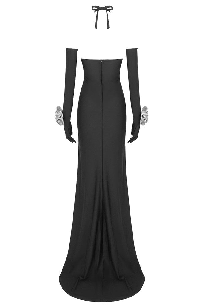 Halter Sparkly Floral Maxi Dress Black