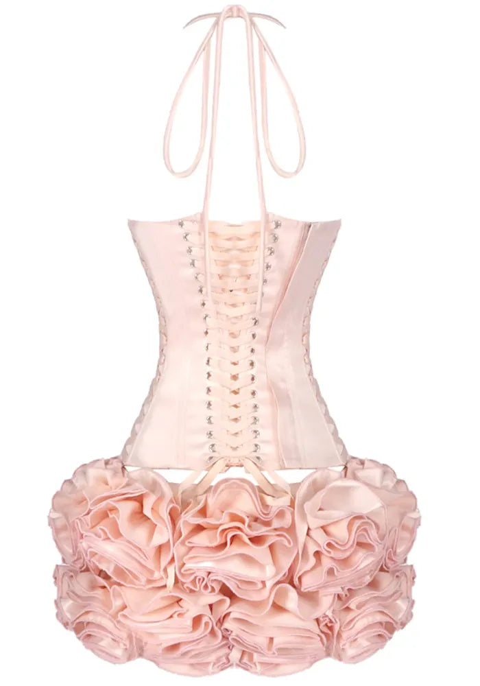 Halter Floral Corset Two Piece Dress Pink