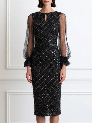 Sequin Diamond-Lattice Sheer Dot-Mesh Puff Sleeve Bodycon Midi Dress