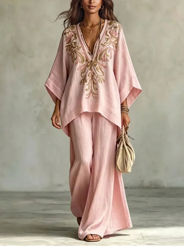 Light Pink Embroidered Batwing Sleeve Shirt And Wide-leg Pants Two-piece Set