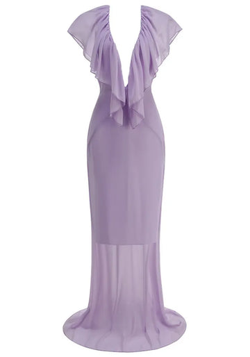 Ruffle Plunging Neck Maxi Dress Lavender