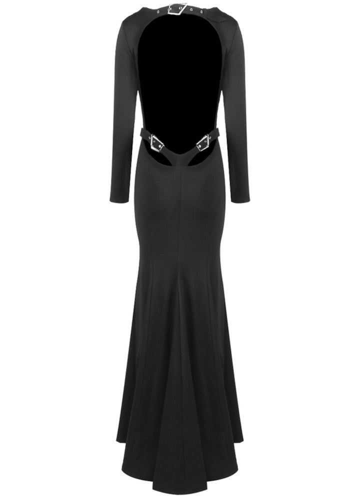 Long Sleeve Backless Buckle Maxi Dress Black