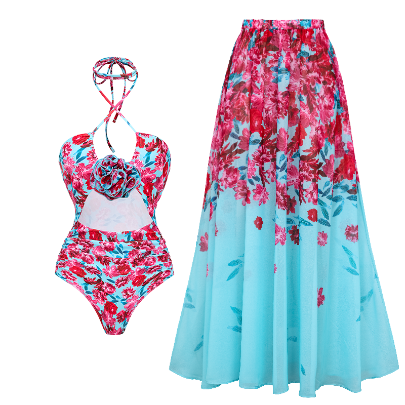 Halter Floral Print One Piece Swimsuit and Skirt or Sarong
