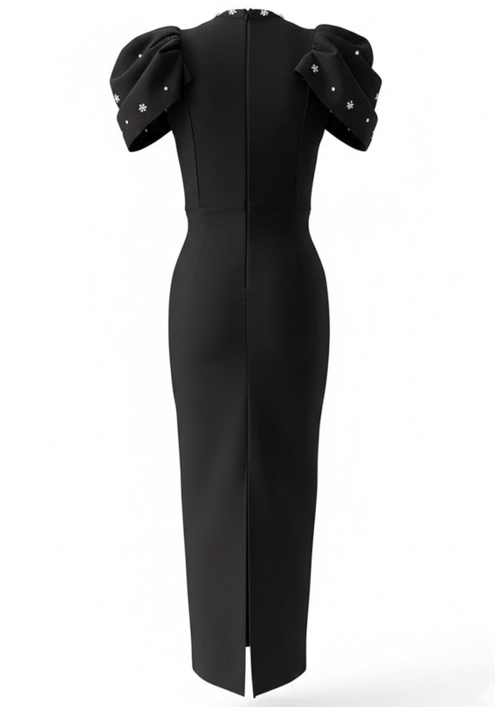 Draped Short Sleeve Crystal Maxi Dress Black