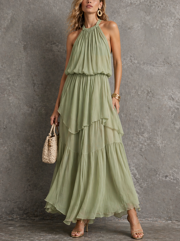 Women's Romantic Sage Green Chiffon Halter Waisted Tiered Maxi Dress MDZ2296D0GMJ