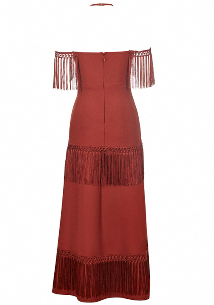 Halter Fringe Maxi Dress Rust