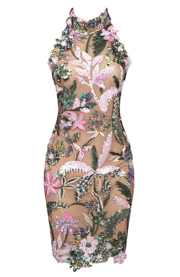 Floral Embroidered Sequin Dress Green Pink