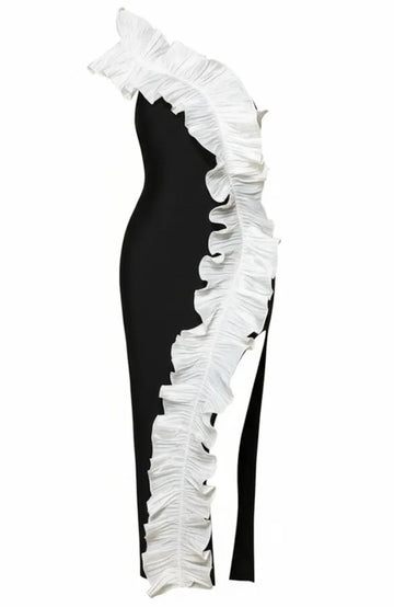 One Shoulder Ruffle Midi Dress Black White