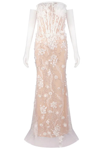 Strapless Floral Lace Sequin Maxi Dress White Nude