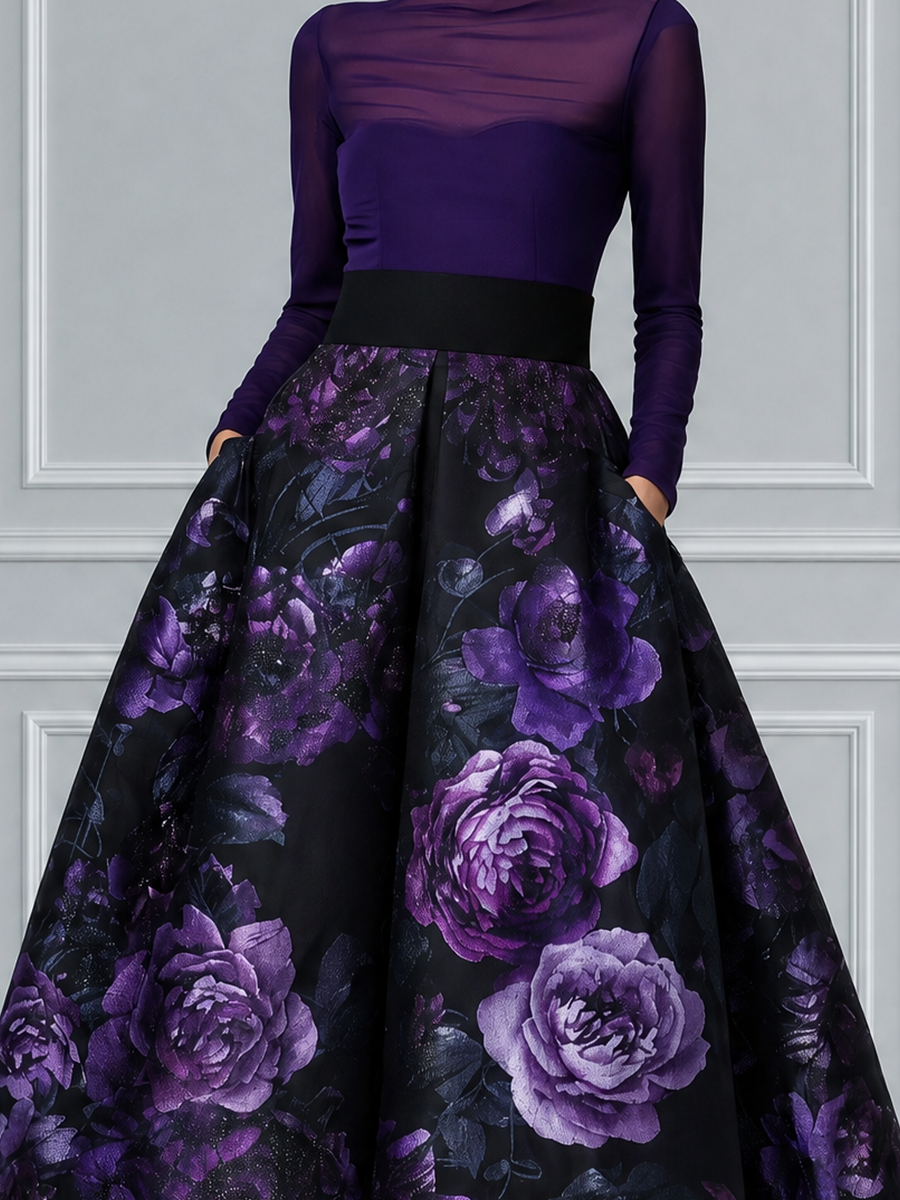 Deep Purple Sheer High Neck Bodice & Black Purple Floral Print A-Line Midi Dress