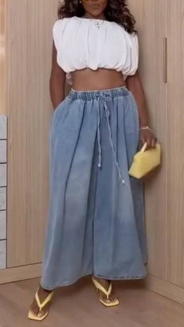 Sleeveless Bubble Crop Top & Drawstring Denim Wide Leg Pants Set