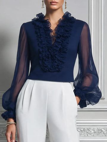 Navy Ruffle Chiffon Sleeve Blouse