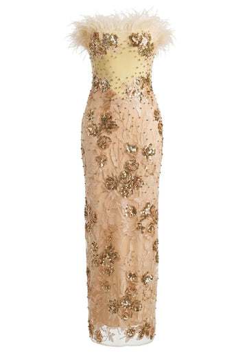 Strapless Feather Sequin Floral Maxi Dress Nude