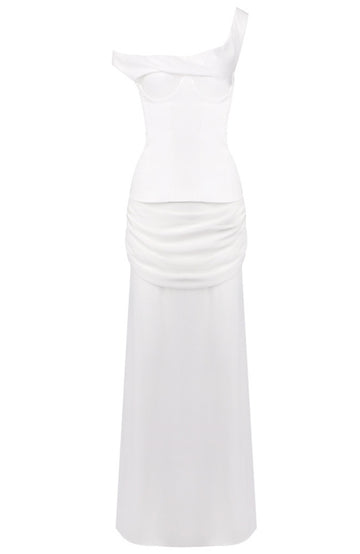 One Shoulder Corset Draped Maxi Dress White