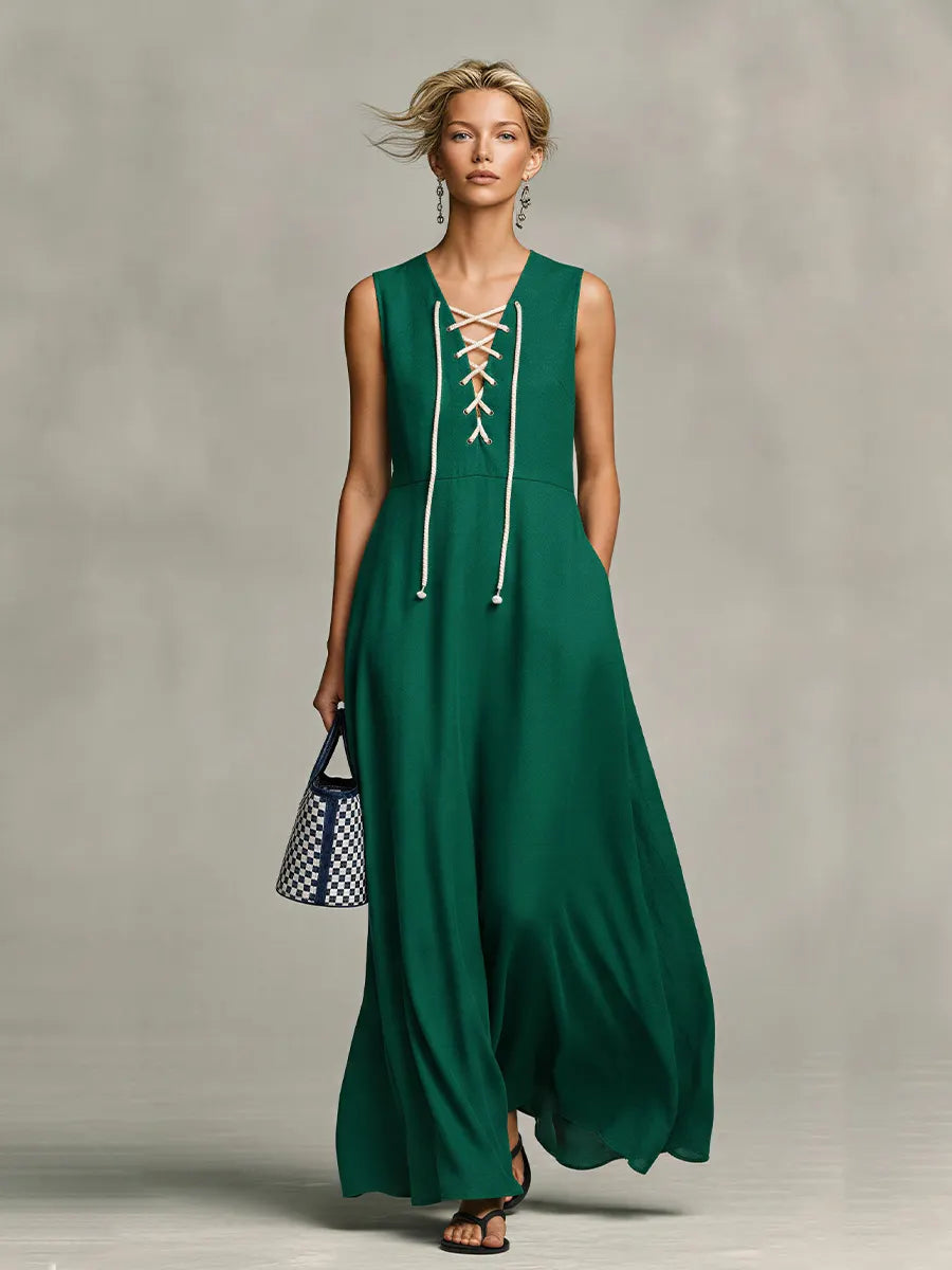 Women's Dark Green Flowy Maxi Dress With Crisscross Lace-Up Front & A-Line Silhouette, Modern Casual-Elegant Day Dress MDZ2116D4LYL