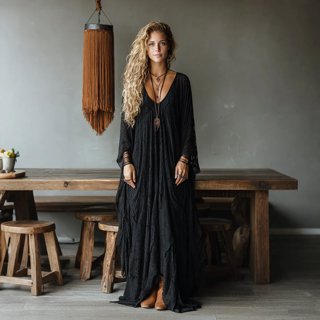 Elegant V-neck High Waist Lace Flared Long Sleeve Dress