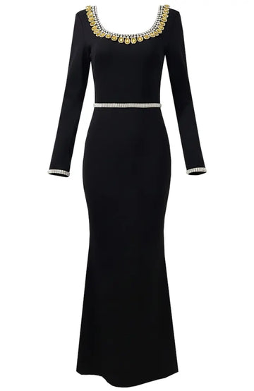 Long Sleeve Embellished Neckline Maxi Dress Black