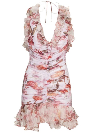 Halter Floral Ruched Ruffle Dress Pink