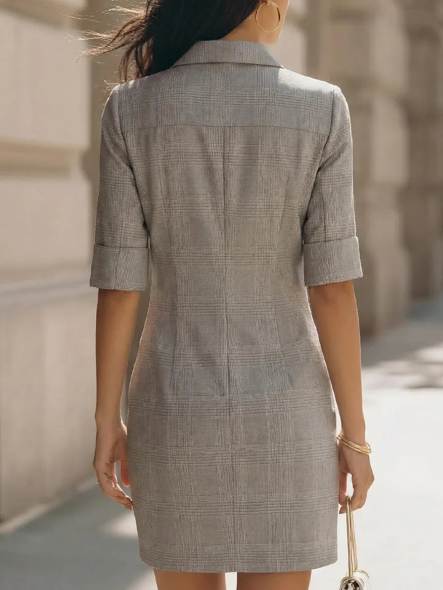 Grey Plaid Shirt Collar Mini Dress