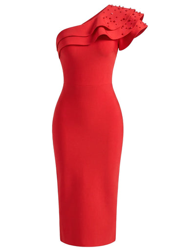 Embellished Ruffle One Shoulder Midi Dress Red