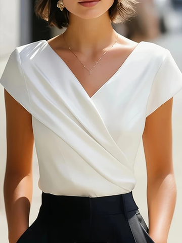 Elegant Satin Wrap V-Neck Short-Sleeve Shirt